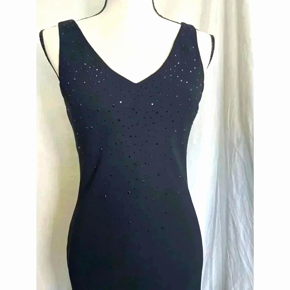Vintage 90s Rhinestone LBD Evening Bias Cut Black Maxi Dress Jones New York Sz 8 - Picture 2 of 16